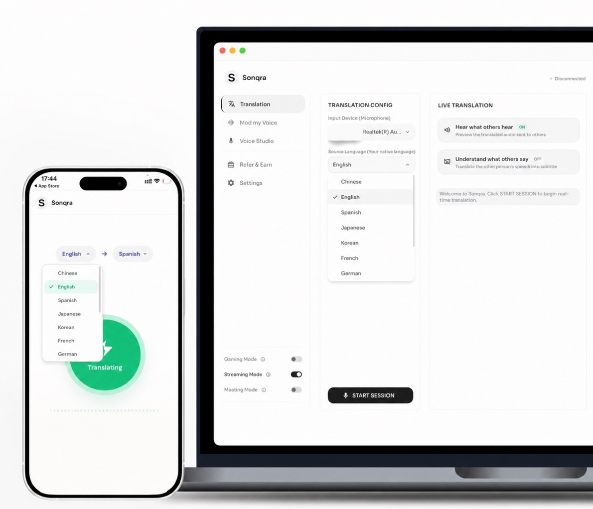 Sonqra real-time translation across mobile and desktop interfaces