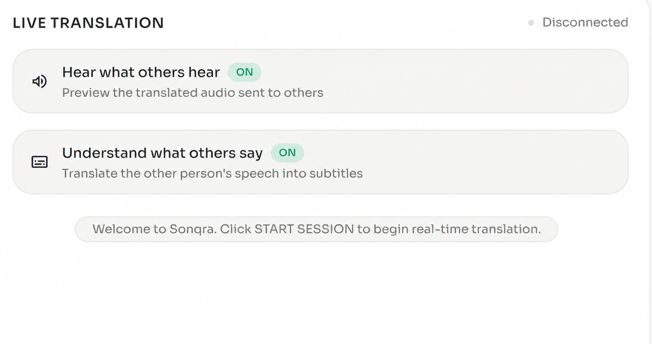 Sonqra live translation settings panel for configuring languages and voice output