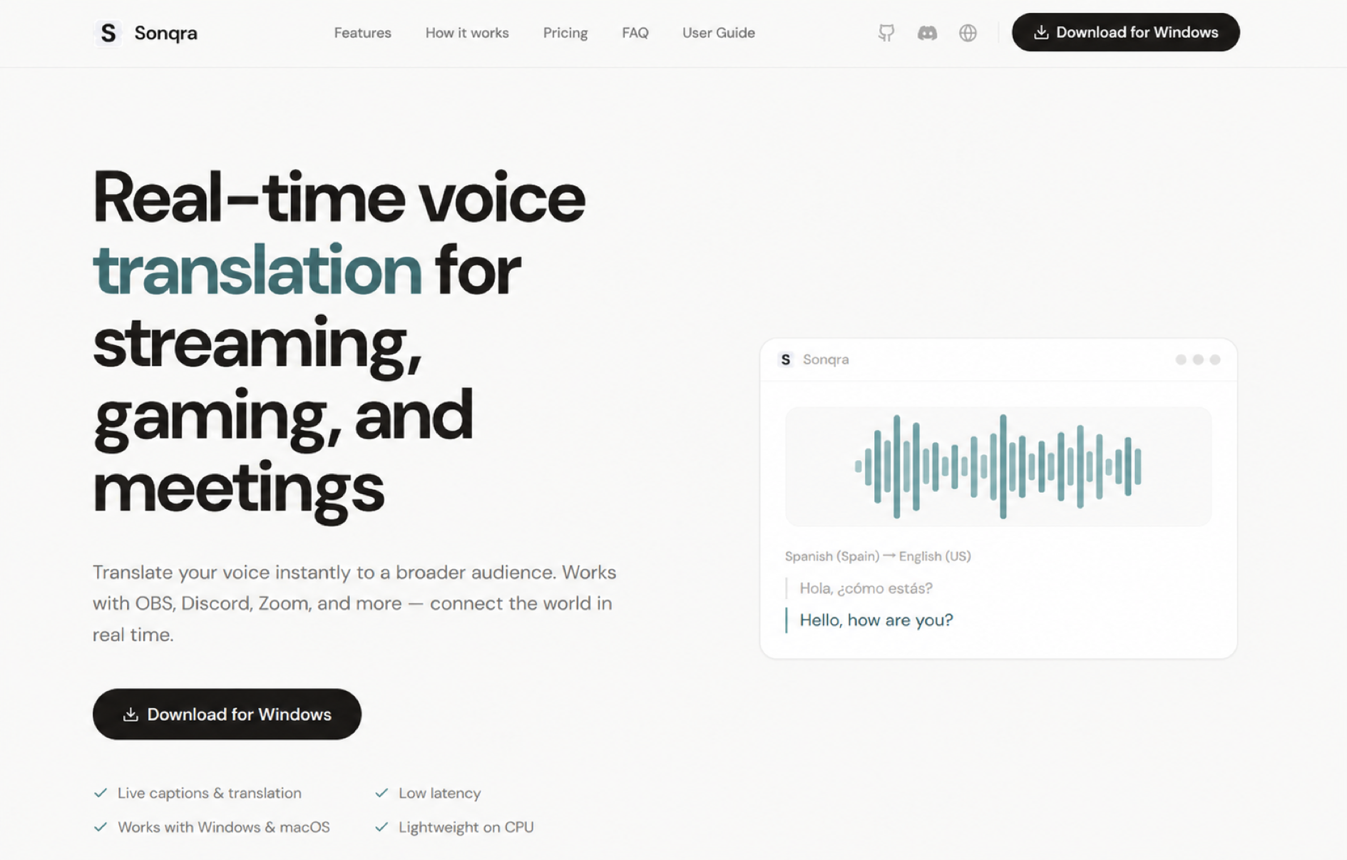 Sonqra website hero for real-time voice translation