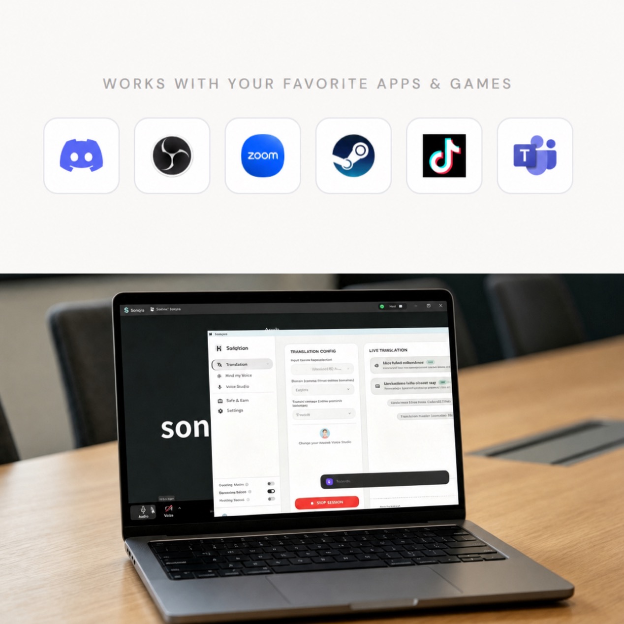 Sonqra compatibility with Discord, OBS, Zoom, Steam, TikTok, and Teams