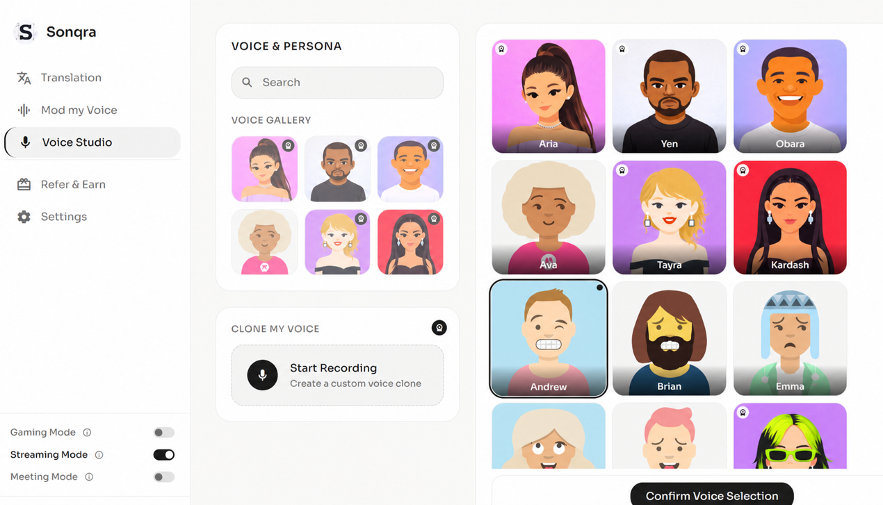 Sonqra voice studio with persona and voice options